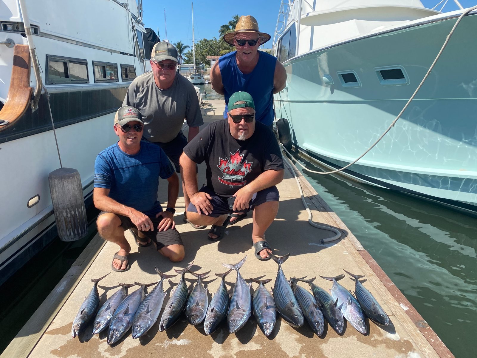 Anglers with a row of tuna on the dock at Marina Nuevo Vallarta at the end of a fishing charter